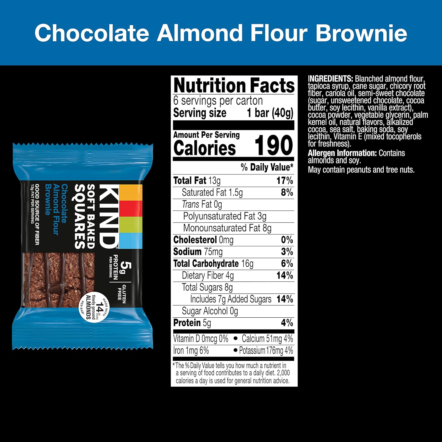 Kind Soft Baked Squares, Chocolate Almond Flour Brownie, Healthy Snack Bars, Gluten Free, 5G Protein, 6 Count