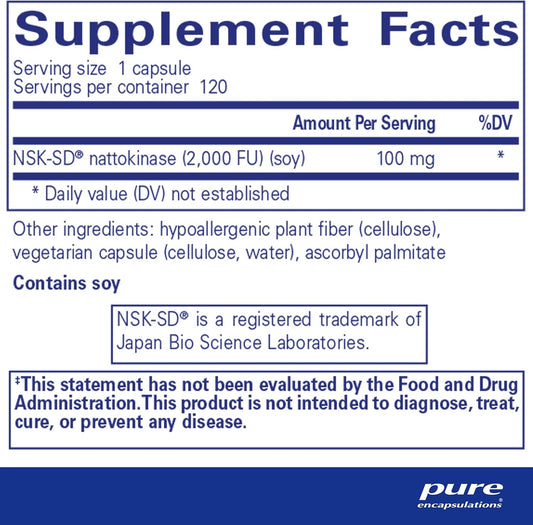 Pure Encapsulations NSK-SD | Nattokinase 100 mg | Enzymes to Promote Healthy Blood ow, Circulation, and Blood Vessel Function | 120 Capsules