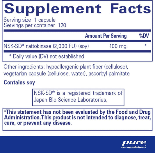 Pure Encapsulations Nsk-Sd - 100 Mg Nattokinase - For Normal Blood Circulation - Supports Fibrinolytic Activity* - Gluten Free & Non-Gmo - 120 Capsules