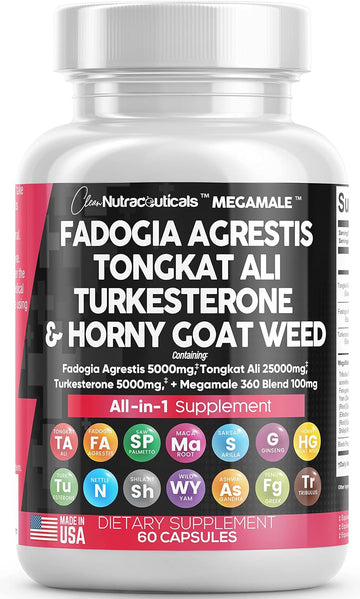 Clean Nutraceuticals Fadogia Agrestis 5000mg Tongkat Ali 25000mg Turkesterone 5000mg Supplement with Horny Goat Weed, Maca Root, Siberian Ginseng, Tribulus Terrestris, Wild Yam USA - 60 Count