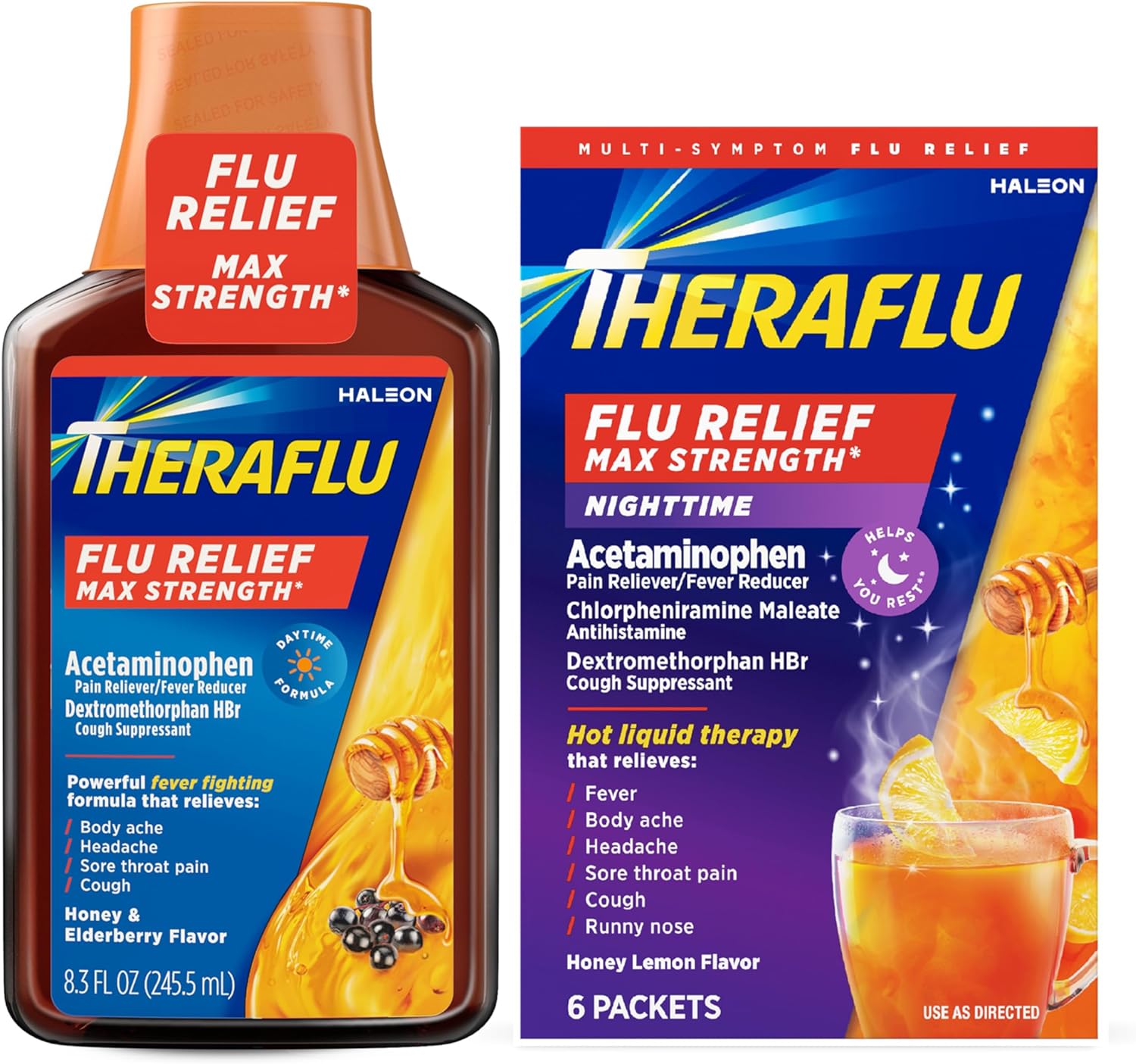 Theraflu Max Strength Daytime Flu Symptom Relief, Honey and Elderberry Syrup, 8.3 Fl Oz and Nighttime Flu Symptom Relief, Honey Lemon Flavor - 6 Count