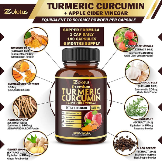 7 in 1 Premium Turmeric Curcumin + Apple Cinder Vinegar Capsules, Equivalent to 5010mg, 6 Month Supply with Ashwagandha, Ginger, Garlic Bulb, 95% Standardized Curcuminoids, Joint & Absorption Support