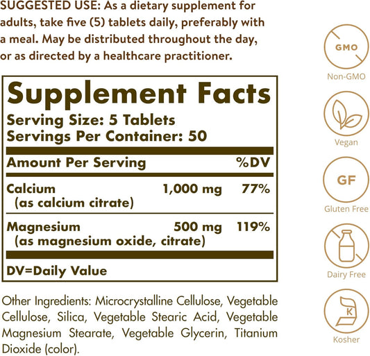 Solgar Calcium Magnesium Citrate, 250 Tablets - Supports Healthy Bones & Teeth - Musculoskeletal & Nervous System Support - Highly Absorbable - Non-Gmo, Vegan, Gluten Free, Dairy Free - 50 Servings