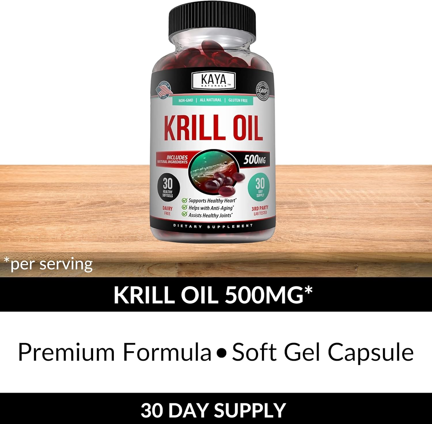 Kaya Naturals - Antarctic Krill Oil 500mg with Omega 3, EPA, DHA and Astaxanthin Supplement - Brain, Heart and Joint Health Vitamin - Heart Health Supplement - 30 Sofftgels : Health & Household