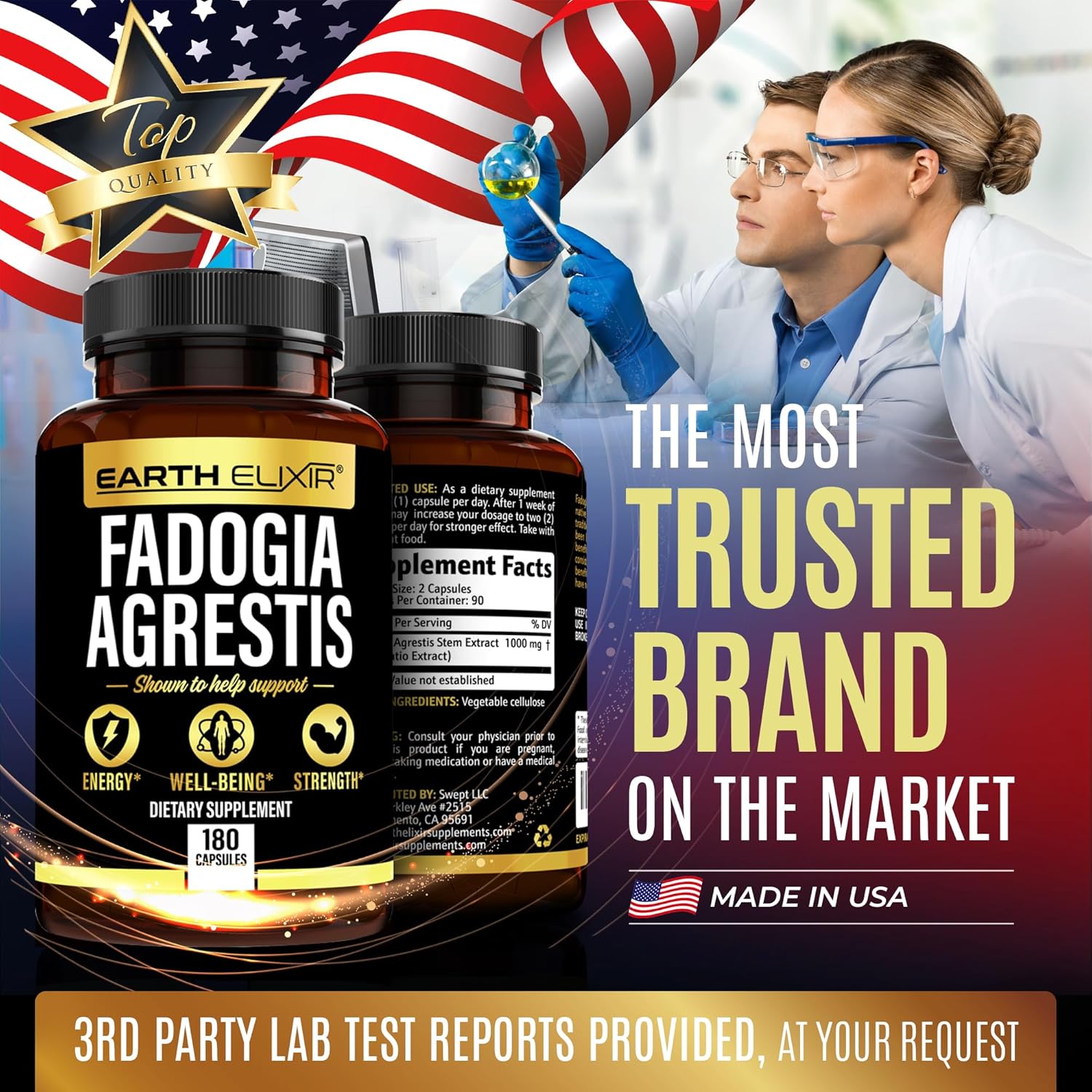 Earth Elixir Fadogia Agrestis Supplement 1000mg (180 Capsules) - Made in USA - 3 Month Supply - 3rd Party Tested - Fadogia Agrestis Extract -Max Purity – 100% Pure – Fadogia Agrestis Capsules : Health & Household