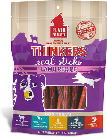 Plato Pet Treats Air Dried Dog Treats Lamb Thinkers Sticks, Natural Dog Treats, Real Meat, Air Dried, Made In The Usa, 10Oz