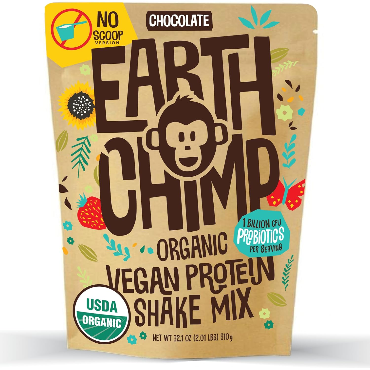 EarthChimp Organic Vegan Protein Powder - with Probiotics - Non GMO, Dairy Free, Non Whey, Plant Based Protein Powder for Women and Men, Gluten Free - 26 Servings 32 Oz (Chocolate) No Scoop