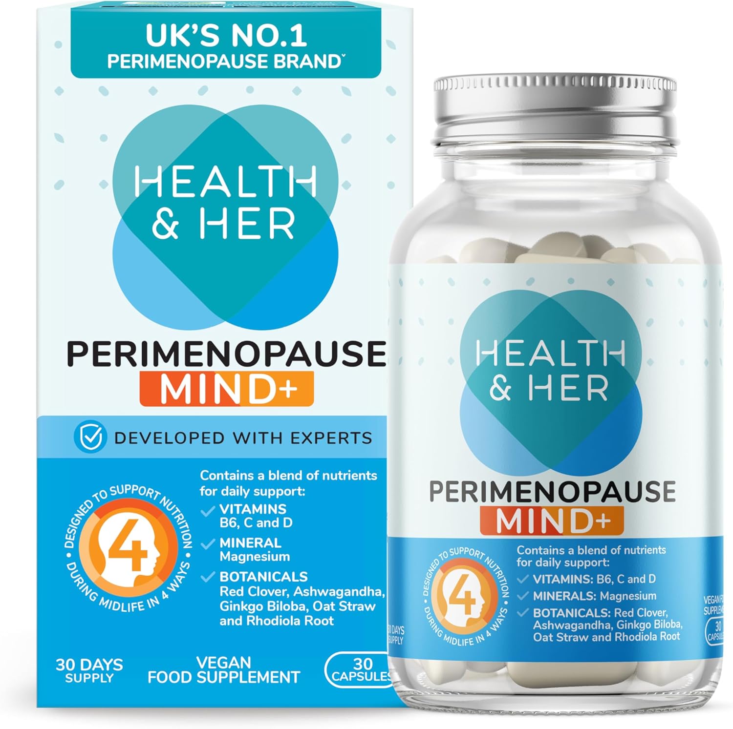 Health & Her Perimenopause Mind+ Supplements For Women - With Red Clover, Ashwagandha, Gingko Biloba - 1 Month Supply, 30 Capsules - Vegan & Gluten Free