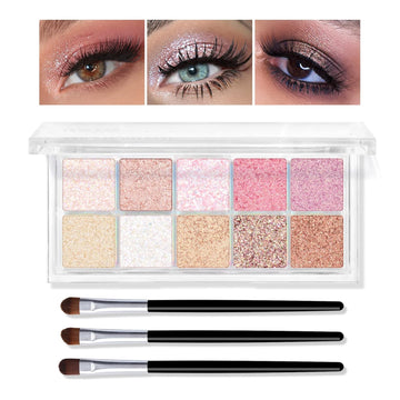 Kyda 10 Colors All Glitter Eyeshadow Palette, Sparkling Sequin Eyeshadow, Shiny Pearl Powder Eye Shadow, Multicolor Glitters Eyes Makeup, Pink Glitters Eyeshadsow Palette, Glitter Eyes Color