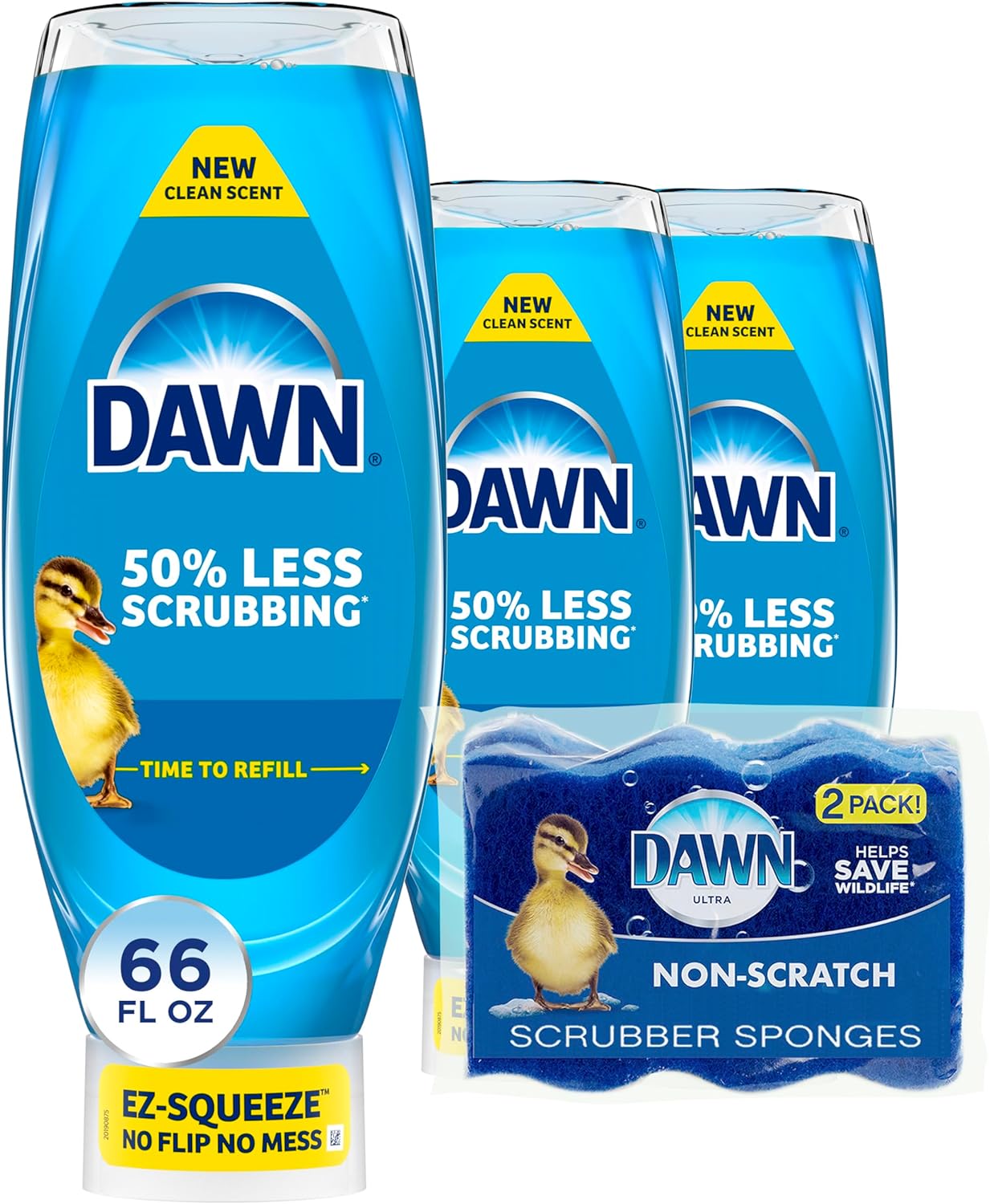 Dawn Dish Soap Squeeze Bottle, EZ-Squeeze Dawn Dishwashing Liquid, Dawn Dish Soap Liquid, Dish Washing Liquid + Non-Scratch Sponges for Dishes, Original, Includes 3x22oz Bottles + 2 Sponges