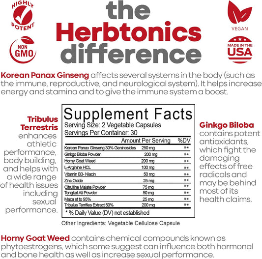 Herbtonics Testosterone Booster for Men Male Enhancing Pills - Enlargement Supplement Increase Size, Energy Strength & Stamina Enhancement Ginseng Pill & Tribulus Terrestris 60 Vegan Capsules