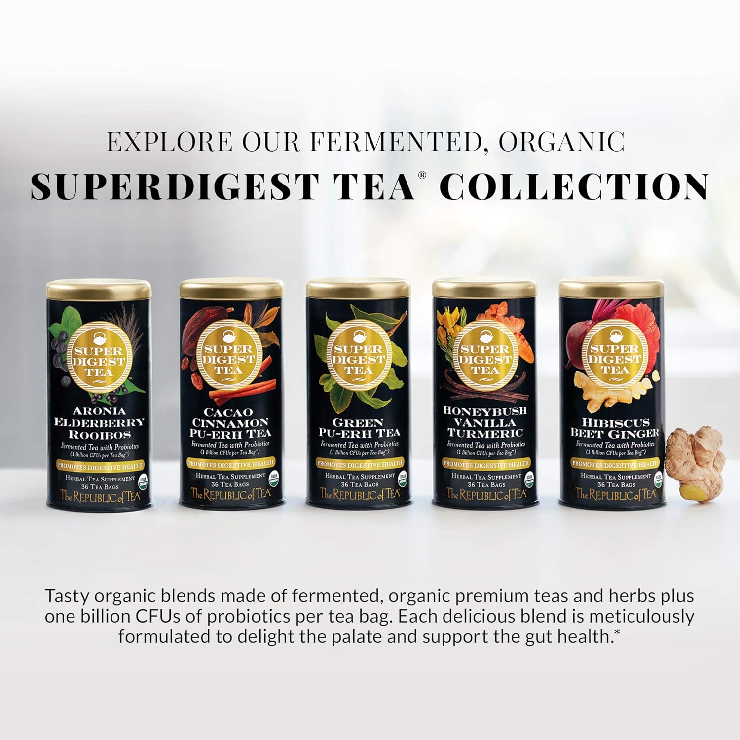 The Republic Of Tea Organic Hibiscus Beet Ginger Superdigest Tea® Herbal | Probiotic Tea Bag (36 Count)