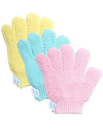 Bliss Exfoliating Gloves - 3 Pair Face and Body Exfoliating Glove - Shower Bath and Spa Accessories - Deep Clean, Dead Skin Remover, Size 3 Pair, PinkYellowBlue