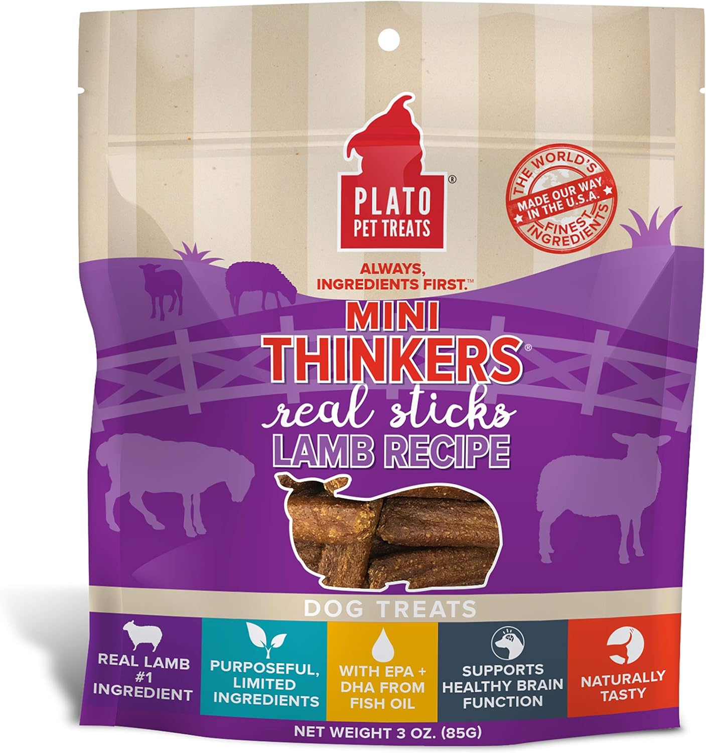 Plato Pet Treats Air Dried Dog Treats Lamb Mini Thinkers Sticks, Natural Dog Treats, Real Meat, Air Dried, Made In The Usa, 3Oz