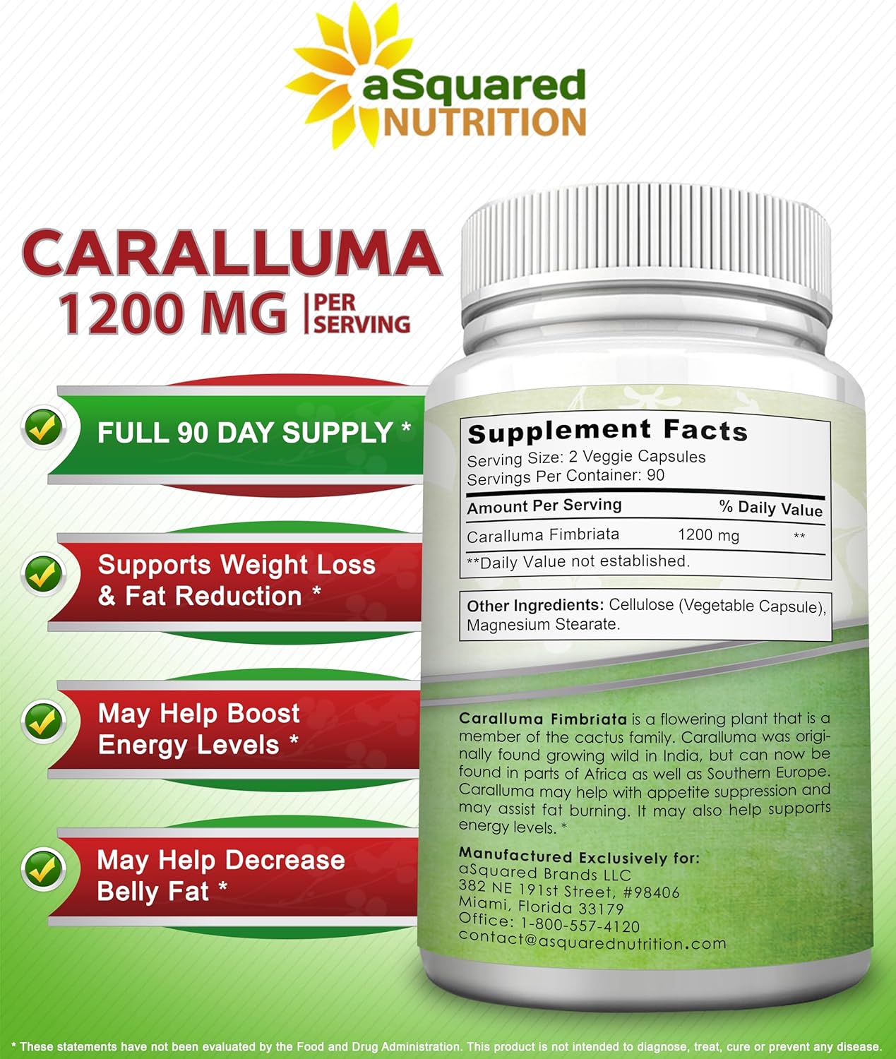 aSquared Nutrition Caralluma Fimbriata 1200mg - 180 Capsules, Natural Extract Weight Loss Diet Pill Supplements, Plant Root Appetite Suppressant & Pure Energy Booster, Max Strength Slim Lean Fat Burn : Health & Household