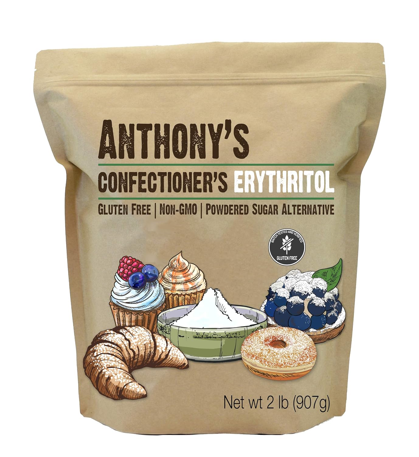 Anthony'S Confectioner'S Erythritol Powder, 2 Lb, Non Gmo, Sweetener, Zero Calorie, Keto & Paleo Friendly