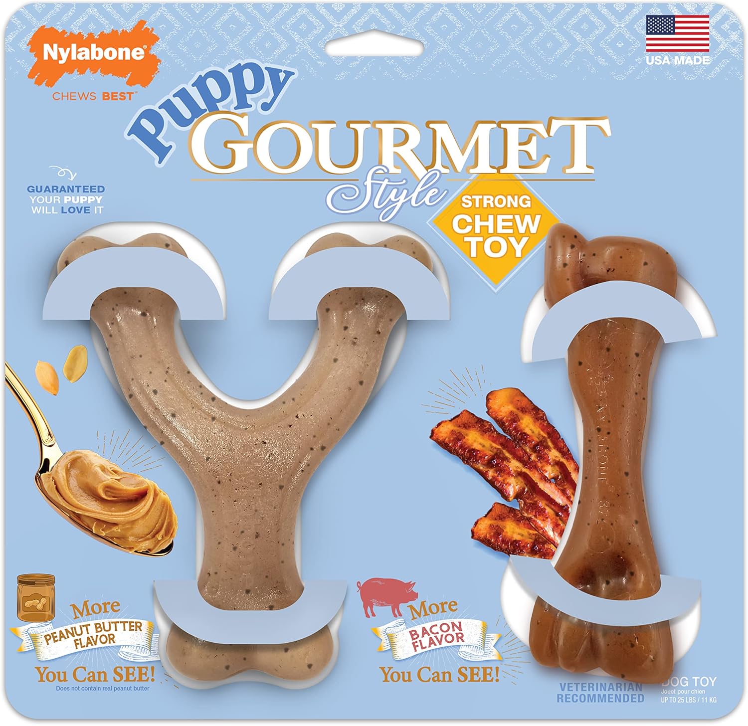 Nylabone Puppy Gourmet Style Strong Chew Toy Bacon, Peanut Butter Small/Regular (2 Count)