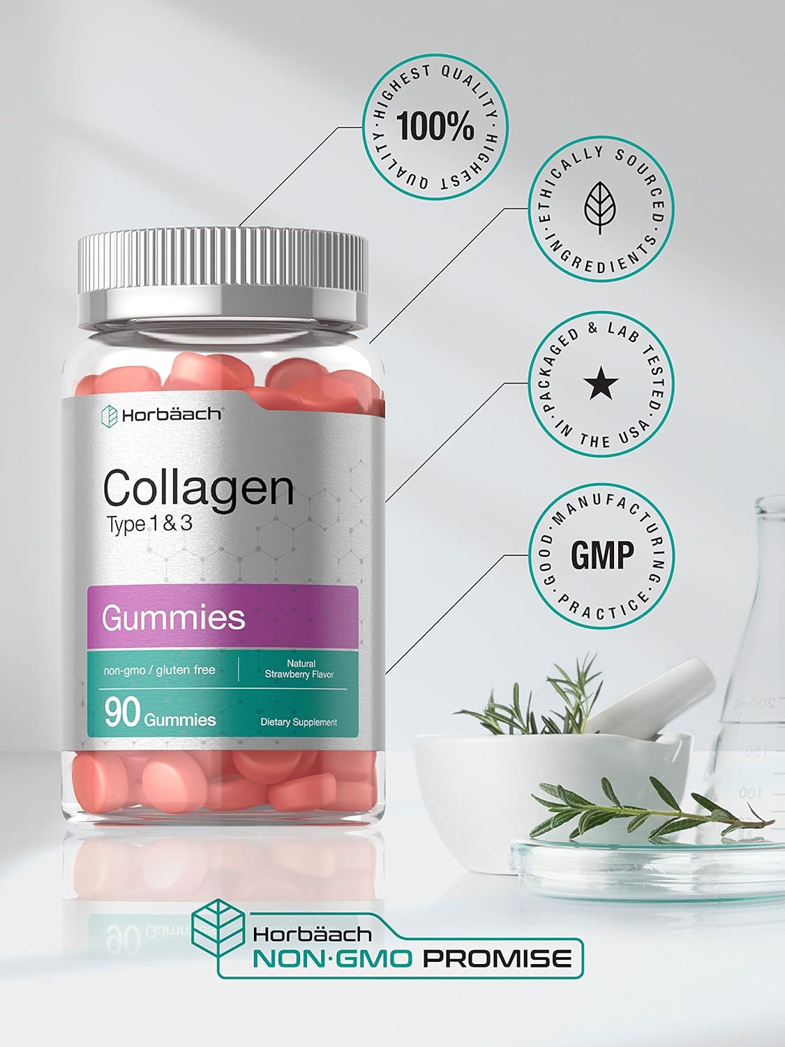 Horbäach Collagen Gummies | 90 Count | Strawberry Flavored Gummy | Hydrolyzed Collagen Type 1 And 3 | Non-Gmo, Gluten Free : Health & Household