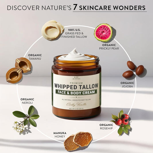 Beef Tallow For Skin Care - 100% Grass Fed Grass Finished With Organic Jojoba, Prickly Pear, Rosehip, Tamanu Oils, Neroli, Vanilla & Manuka Honey