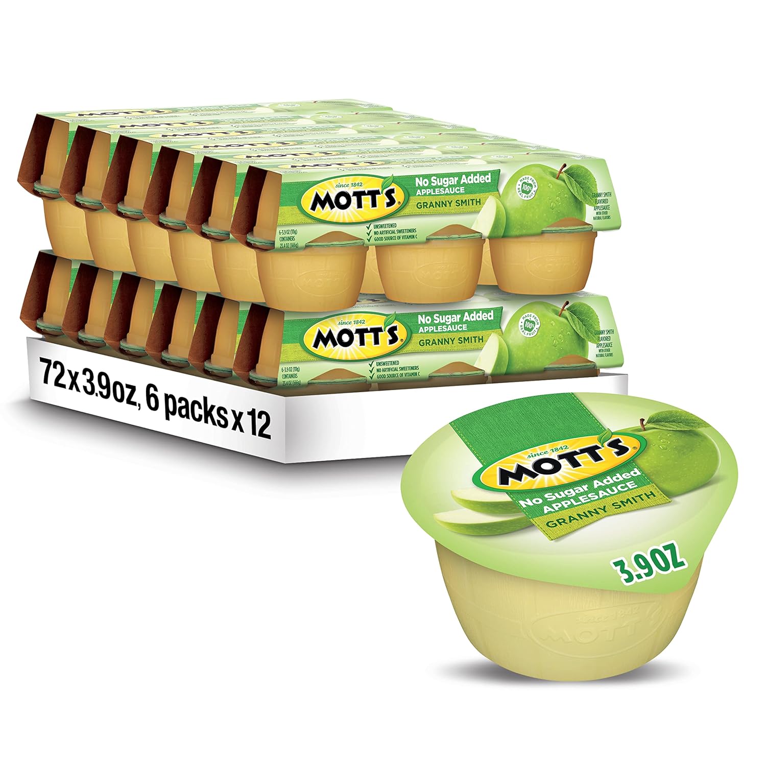 Mott'S No Sugar Added Granny Smith Applesauce, 3.9 Oz Cups, 72 Count (12 Packs Of 6), Good Source Of Vitamin C, No Artificial Flavors