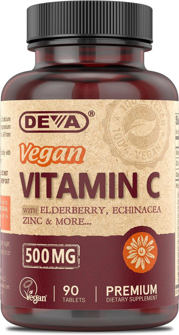 Deva Vegan Vitamin C, 500 Mg With Elderberry, Echinacea, Zinc & More, Vegan & No Animal Ingredients, 90 Tablets, 1-Pack