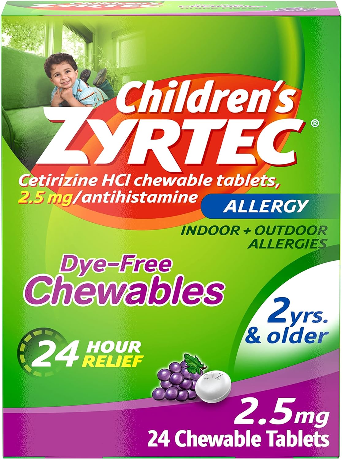 Zyrtec Children’s Dye-Free Chewable Tablets, 24-Hour Allergy Relief, 2.5 mg Cetirizine HCl, Kids Antihistamine, 24 ct