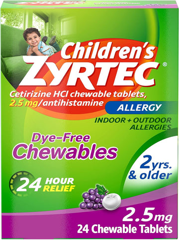 Zyrtec Children'S Dye-Free Chewables For 24 Hour Allergy Relief, 2.5 Mg Cetirizine Hcl Antihistamine Tablets, Kids Allergy Medicine Relieves Sneezing & Itchy Nose & Throat, Grape, 24 Ct