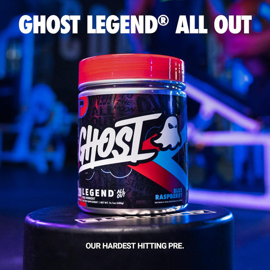 Ghost Legend All Out Pre-Workout Powder, Blue Raspberry - 20 Servings - Pre-Workout Supplement For Men & Women - Energy & Pumps - Caffeine, L-Citrulline, & Beta Alanine Blend - Sugar Free