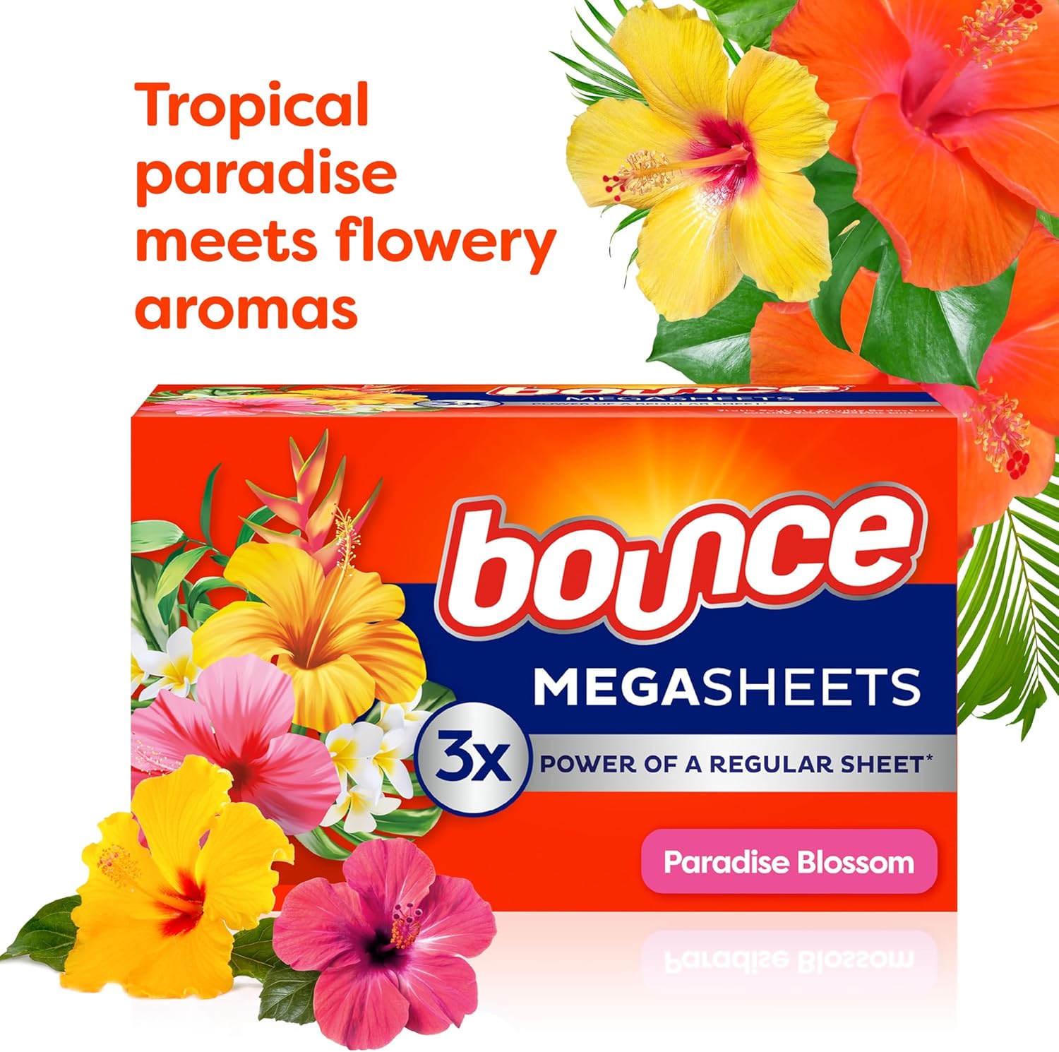 Bounce Mega Dryer Sheets, Paradise Blossom, 130 Count (Packaging May Vary)