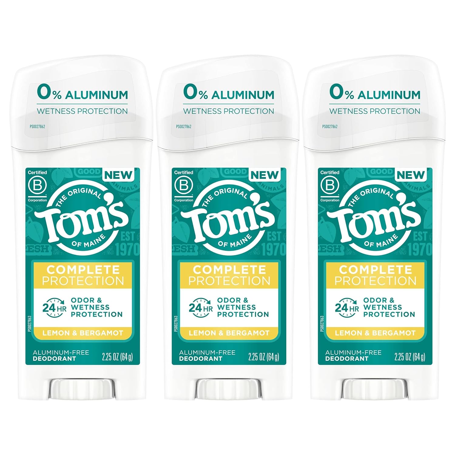 Tom's of Maine Complete Protection Aluminum-Free Natural Deodorant for Women, Lemon & Bergamot, 2.25 OZ, 3-Pack