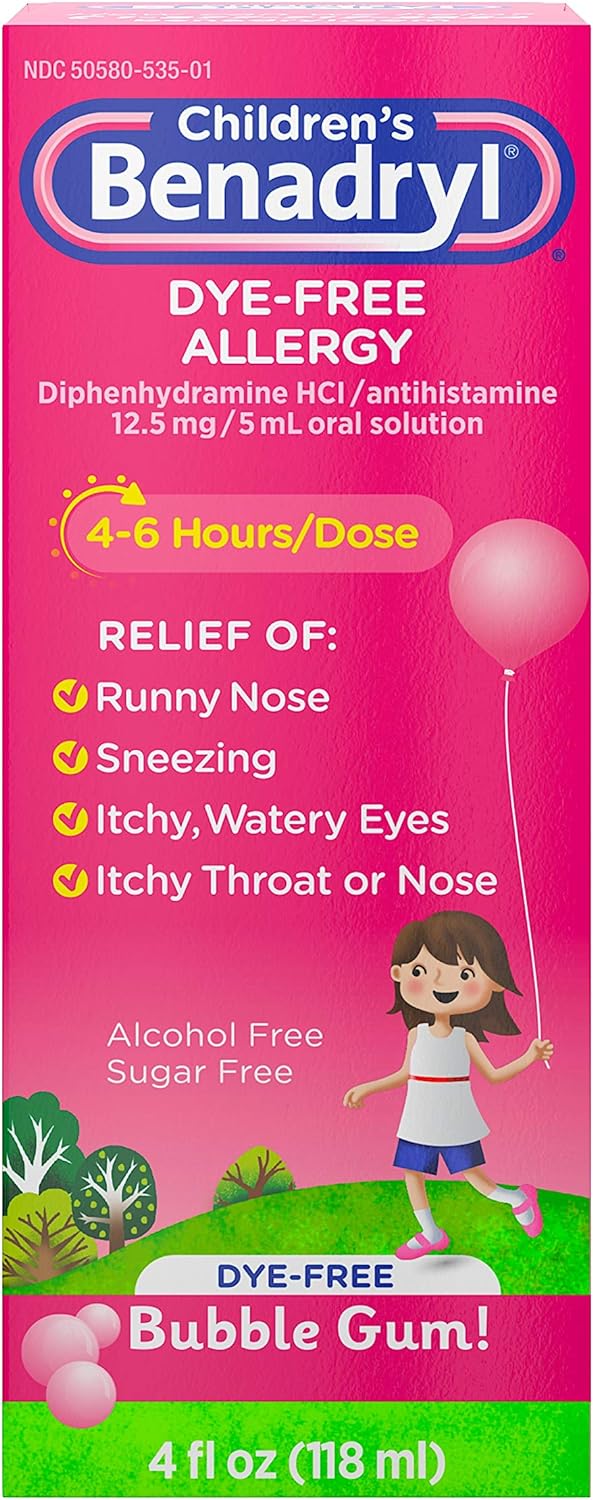 Benadryl Children's Dye-Free Allergy Liquid, Diphenhydramine HCl, Bubble Gum, 4 fl. oz : Health & Household