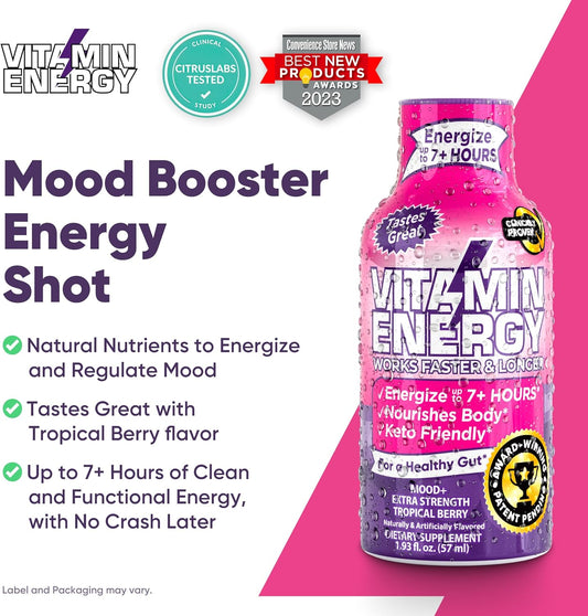 Mood Support Vitamin Energy Drink - Sugar Free, Keto/Vegan Friendly Shots | Mood Balancing With Rhodiola And Chamomile | Energize Up To 7+ Hours | Tropical Berry - 1.93 Fl Oz - Pack Of 24