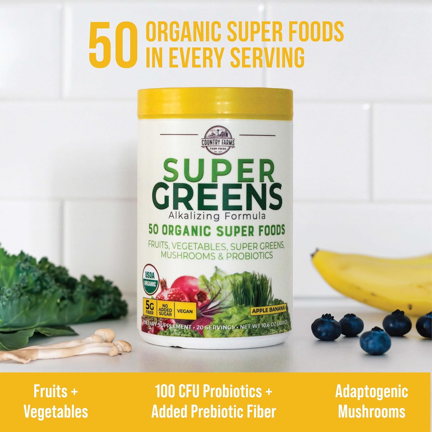 COUNTRY FARMS Super Greens Apple Banana Flavor, 50 Organic Super Foods, USDA Organic Drink Mix, Fruits, Vegetables, Super Greens, Mushrooms & Probiotics, Supports Energy, 20 Servings, 10.6 Oz