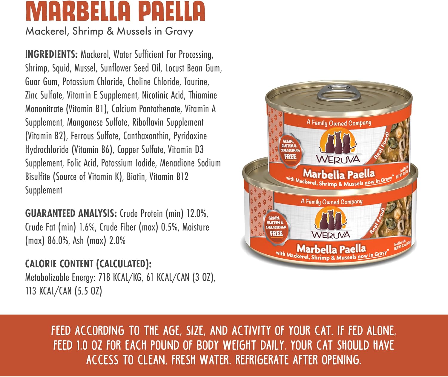 Weruva Classic Cat Food, Marbella Paella with Mackerel, Shrimp, & Mussels in Gravy, 5.5oz Can (Pack of 24) : Canned Wet Pet Food : Pet Supplies