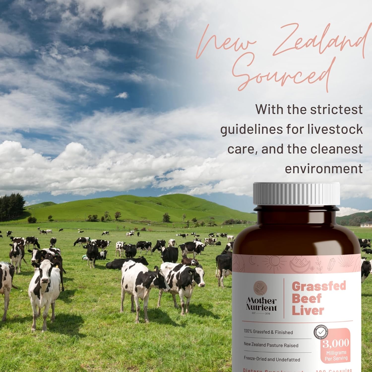 Mother Nutrient Grass Fed Beef Liver Capsules Sourced From Pasture-Raised Beef In New Zealand — Vitamins A And B12 W/Iron, Protein, And More - 45-Day Supply-180 Capsules