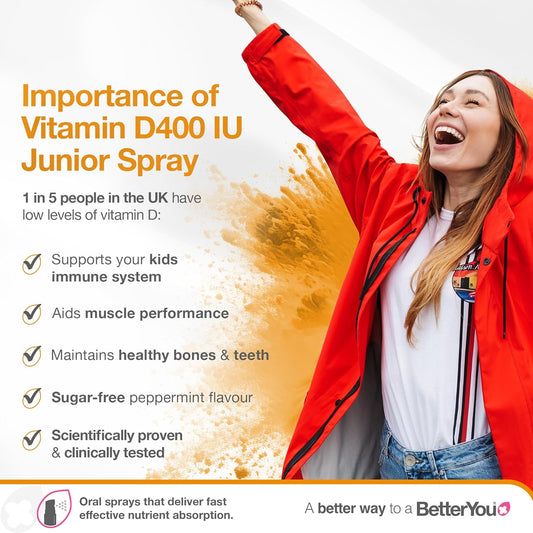 Betteryou Vitamin D Spray For Kids, Vitamin D 400 Iu Junior Oral Spray, Fast Acting Vitamin D3 Supplement For Children, 3-Month Supply, Natural Peppermint Flavour, Made In The Uk