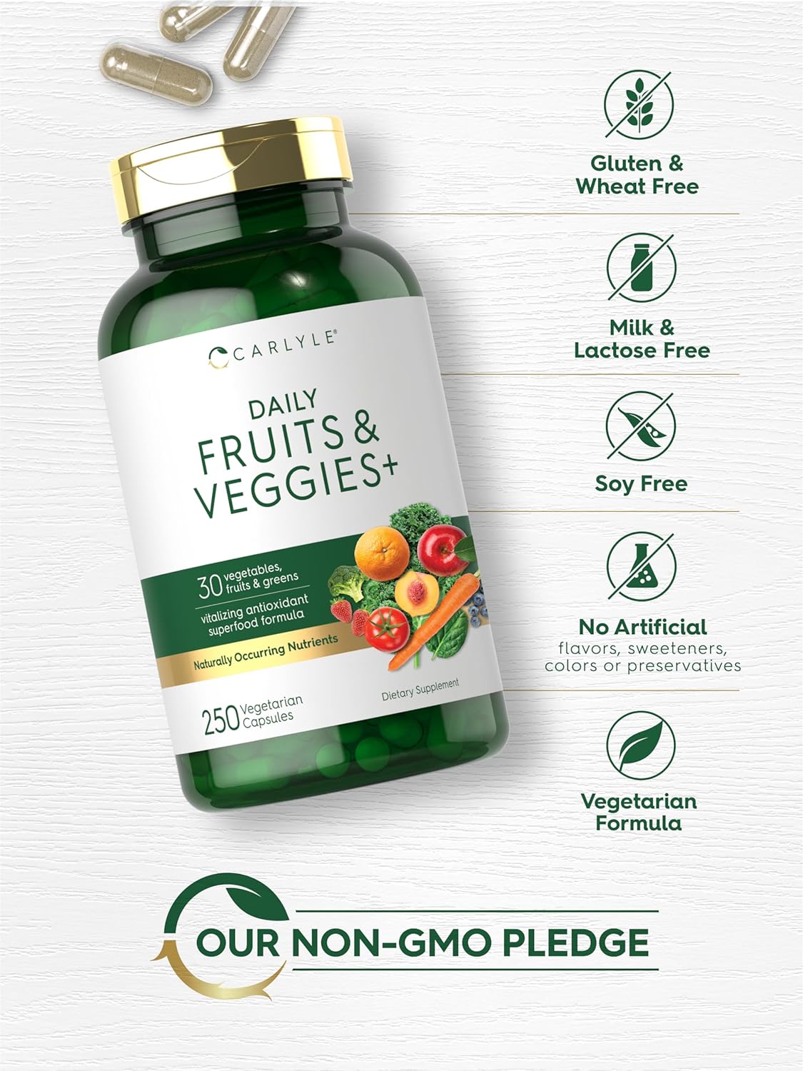 Carlyle Fruits and Veggies Supplement | 250 Capsules | Made with 30 Fruits and Vegetables | Vegetarian, Non-GMO, Gluten Free Superfood Formula : Health & Household