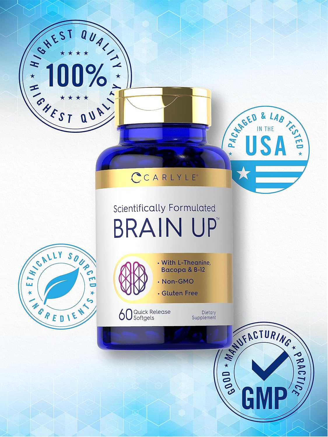 Carlyle Brain Up Supplement | 60 Softgels | with L-Theanine, Bacopa & B-12 | Non-GMO, Gluten Free : Health & Household