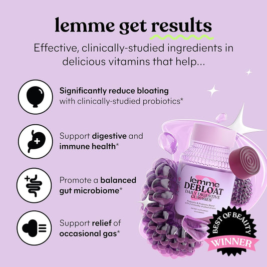 Lemme Debloat - Digestive & Gut Health Gummies With 2 Clinically Studied Probiotics & Prebiotic, 3 Billion Cfus - Vegan, Gluten Free, Non Gmo, Blackberry Flavor (60 Count)