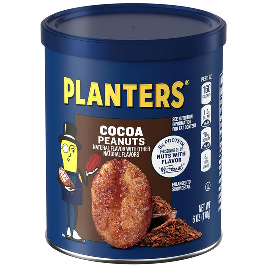 Planters Cocoa Peanuts, Sweet And Salty, Party Snack, Plant-Based Protein, Quick Snack For Adults, After School Snack, Bulk Nuts, Kosher, 6Oz Canister (8 Count)