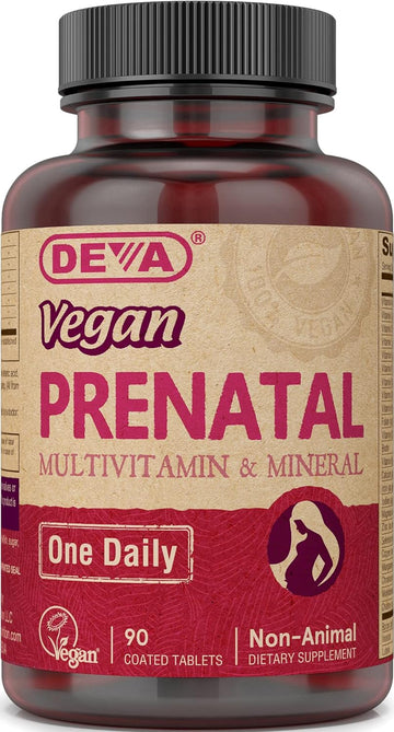 Deva Vegan Prenatal Multivitamin And Mineral Supplement - Once-Per-Day Formula - Vitamins A, C, D, E, K, B Complex, With Folate & Chelated Iron - 90 Coated Tablets, 1-Pack