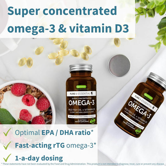 Advanced Omega-3 Wild Fish Oil & Vitamin D3 1000Iu, 1-A-Day, Triglyceride Form Epa & Dha, Fast-Acting Rtg, Natural Lemon Flavor, Non-Gmo, 60 Softgels, By Igennus