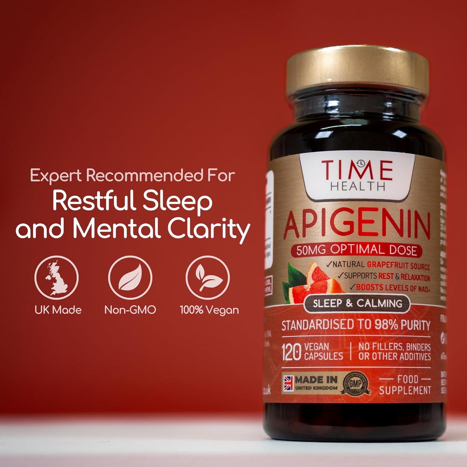 Apigenin - 50mg x 120 Capsules - 98%+ Purity - Optimal Dose for Sleep & Relaxation Support - NAD+ Booster - Grapefruit Source - UK Made - GMP Standards - Zero Additives (120 Count (Pack of 1)) : Amazon.co.uk: Health & Personal Care