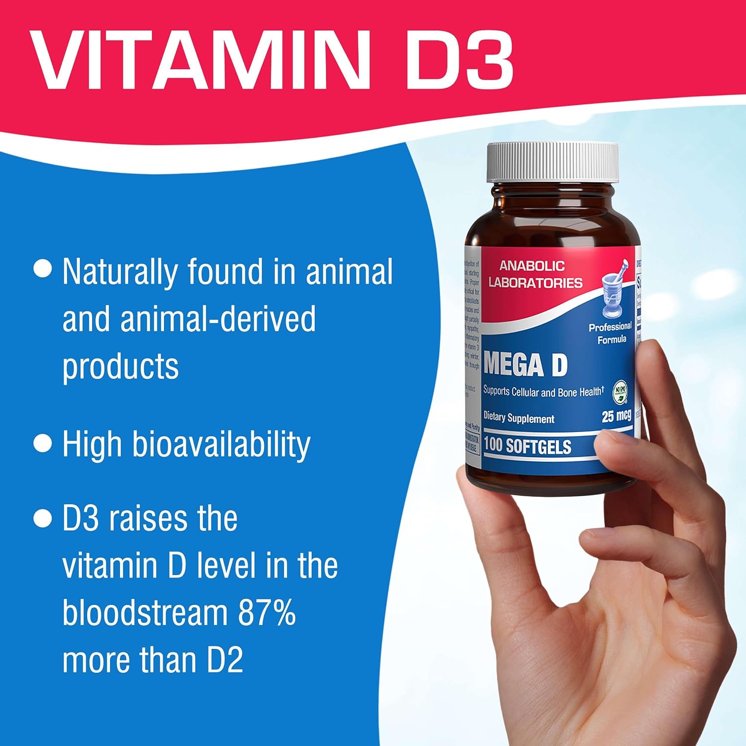 Anabolic Laboratories Vitamin D3 1,000 IU (25 mcg) - 100 Vitamin D Softgels for Bone, Immune, and Cellular Health - Mega D Supplement : Health & Household