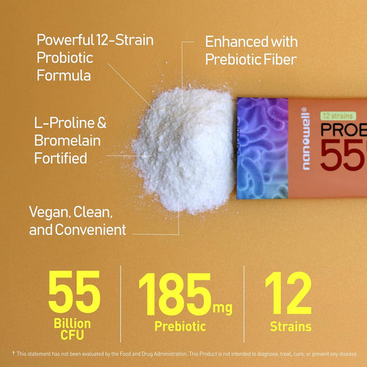12 Strains Probiotic 55 Billion Cfu With Digestive Enzymes Powder - Immune Support, Gut Health, Probiotics, Prebiotics & Postbiotics - 60 Sticks, 60 Day Supply