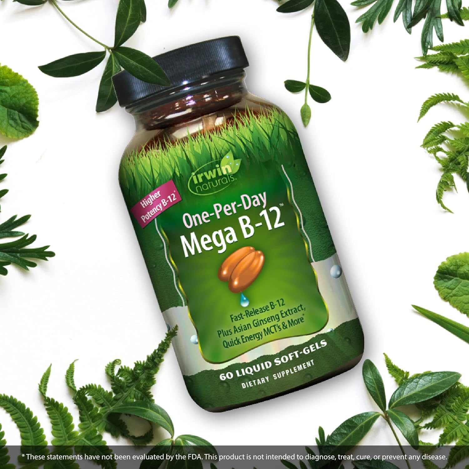 Irwin Naturals One-Per-Day Mega B-12 1,500mcg High Potency Methylcobalamin Vitamin - Fast Enhanced Absorption with MCT + Asian Ginseng - Natural Energy Boost - 60 Liquid Softgels : Health & Household