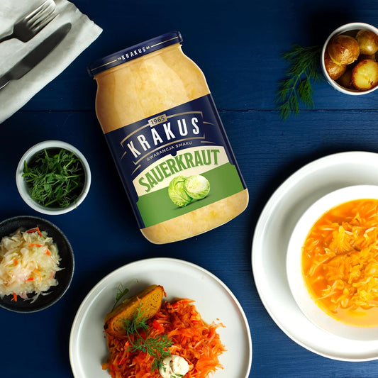 Krakus Sauerkraut 900G - Naturally Fermented - Crunchy & Tangy Sauerkraut - Delicious Condiment - Ready To Serve - Glass Jar