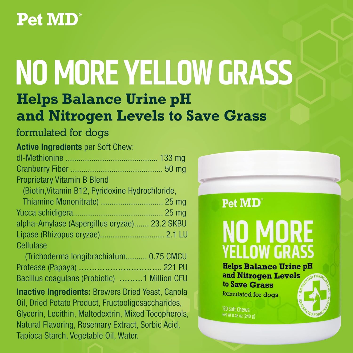 Pet MD Lawn Aid Chews - No More Yellow Spots Dog Urine Neutralizer for Lawn - pH-Balancing Helps Prevent Dog Pee from Killing Grass - Enhanced with Digestive Probiotics for Dogs & Puppies - 120 ct : Pet Supplies