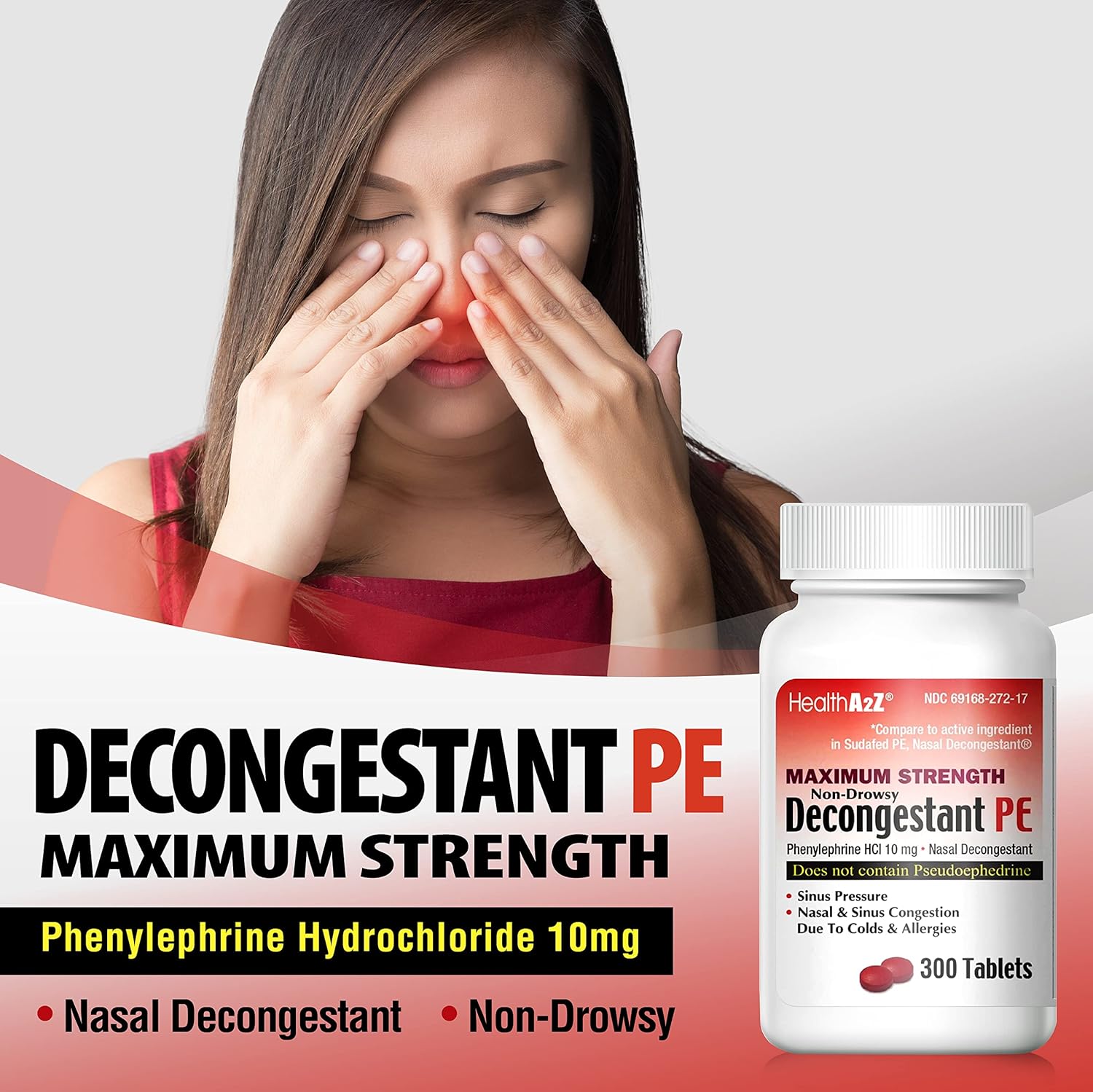 HealthA2Z® Decongestant PE | Phenylephrine HCl 10 mg | Maximum Strength | Non-Drowsy Nasal & Sinus Congestion Relief Due to Cold & Allergies (300 Count (Pack of 1)) : Everything Else