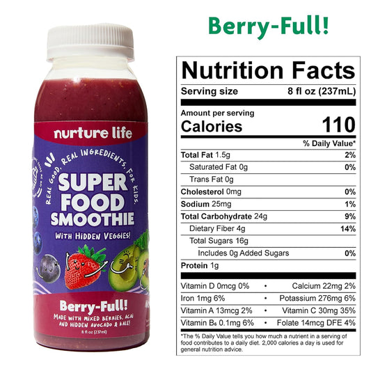 B0Cy9W7F2G Nurture Life Superfood Smoothie, Healthy Toddler Snacks To-Go W/ Hidden Fruits & Veggies, Fruit Smoothie For Kids, Drink For Children, Organic Ingredients, No Sugar Added, 6 Bottles, Berry-Full Flavor